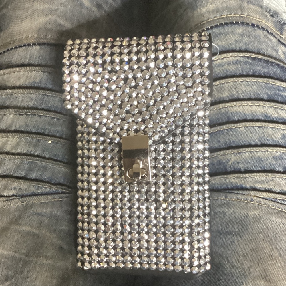 Crystal Embellished Silver Phone Pouch